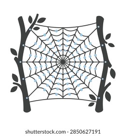 Stylized spider web design between two tree branches, flat vector illustration of a cobweb with dew drops on a white background.