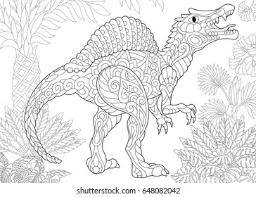 Stylized spinosaurus dinosaur of the middle Cretaceous period. Freehand sketch for adult antistress coloring book page with doodle and zentangle elements.