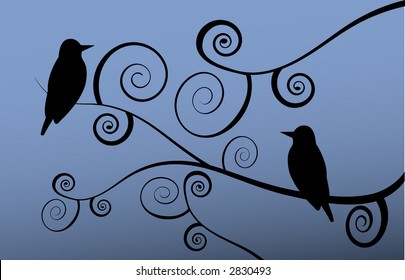 stylized spiral tree branches  and birds vector