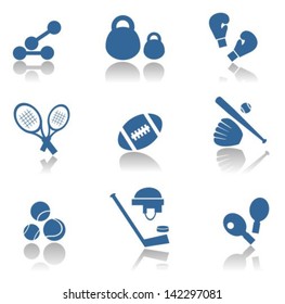 Stylized sports equipment icons set isolated on a blue background.