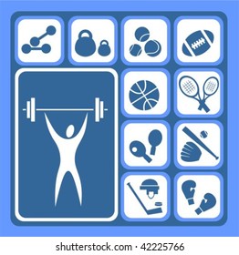 Stylized sports equipment icons set isolated on a blue background.