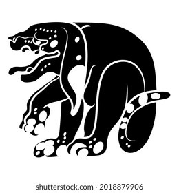 Stylized spotted dog. Native American art of Maya Indians. Black and white silhouette.