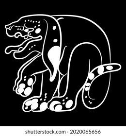 Stylized spotted dog. Native American art of Maya Indians. Black and white silhouette.