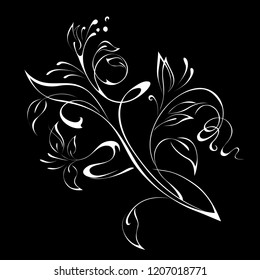 stylized sprig with flower and leaves in white lines on a black background