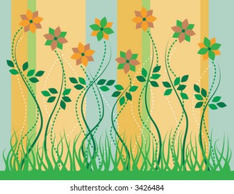 Stylized spring flowers growing in a grassy garden.