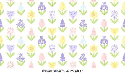 Stylized spring flowers on a white background. Colorful floral repeating print. Easter or Mother's Day design. Cute vector seamless pattern for fabric, wallpaper or wrapping paper.