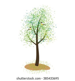 Stylized  spring tree with birds on white background . Arbor day vector illustration.