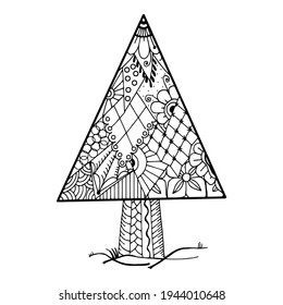 Stylized spruce with a doodle pattern on a white background. Anti-stress coloring book for children and adults