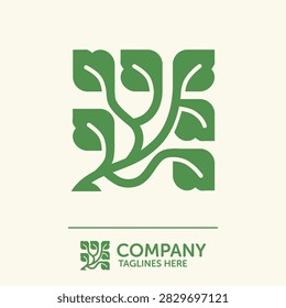 Stylized square emblem featuring intertwining green branches and leaves with text placeholder, ideal for eco‑friendly, sustainable, gardening, or nature‑inspired branding concepts.
