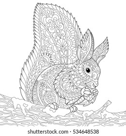 Stylized squirrel sitting on a tree branch and eating pine cone. Freehand sketch for adult anti stress coloring book page with doodle and zentangle elements.