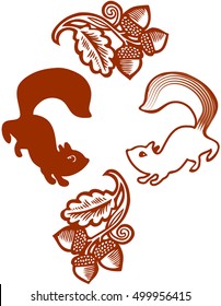 Stylized squirrels and acorn