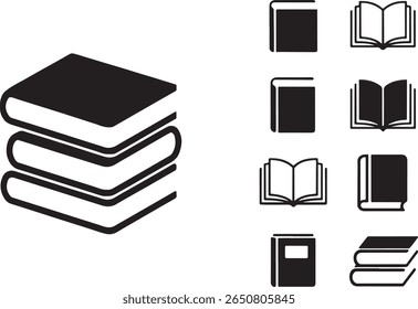 Pilha Estilizada de Livros e Ícones de Livros Variados Representando Leitura, Aprendizagem e Literatura em um Estilo Gráfico