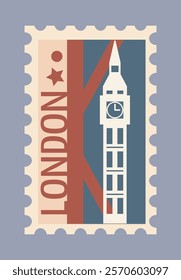 Stylized stamp featuring Big Ben, bold geometric patterns, and LONDON text in red and blue tones with cream accents on a gray background. Concept of travel. Vector illustration.