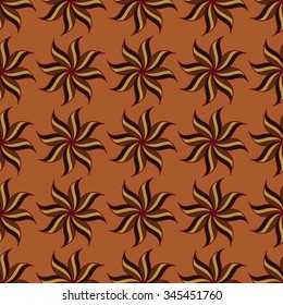 Stylized star anise seamless pattern. Brown elements on orange background. Abstract texture. Summer bright backdrop. Vector illustration.