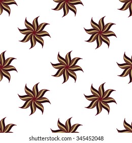 Stylized star anise seamless pattern. Brown elements on white background. Abstract texture. Vector illustration.