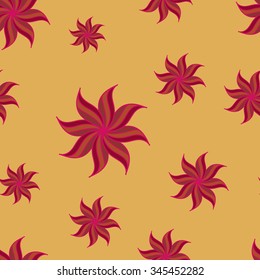 Stylized star anise seamless pattern. Red elements on yellow background. Abstract texture. Summer bright backdrop. Vector illustration.