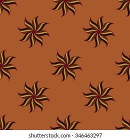 Stylized star anise seamless pattern. Brown elements on orange background. Abstract texture. Summer bright backdrop. Vector illustration.