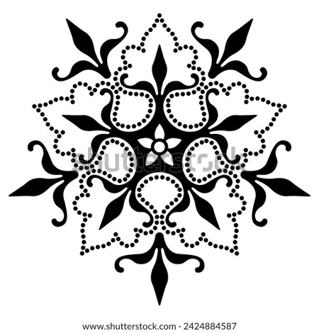 Stylized star shape or flower. Beautiful floral medieval European motif. Five point geometrical mandala. Black and white silhouette.