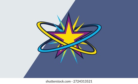 Stilisierter Sternenhimmel mit umlaufenden Ringen, die kosmische Energie, Innovation und Wissenschaft repräsentieren. Sauberes, modernes Design mit lebendigen Farben.