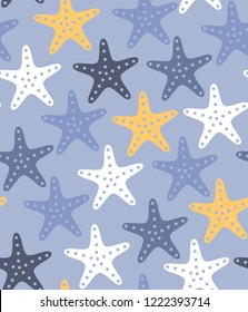 Stylized starfish pattern, simple flat style. Underwater life and ocean beach themed vector seamless background, sea stars of different colors. Marine style surface design. Blue, white, yellow palette