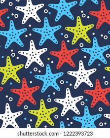 Stylized starfish pattern, simple flat style. Underwater life and ocean beach themed vector seamless background, sea stars of different colors. Marine style surface design. Blue, white, red palette
