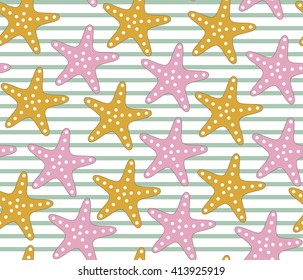 Stylized starfish pattern, simple flat style. Underwater life and ocean beach themed vector seamless background, sea stars. Marine style surface design. Pink, yellow, green and white palette