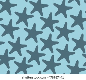 Stylized starfish pattern, simple flat style. Underwater life and ocean beach themed vector seamless background, sea stars silhouettes. Marine style surface design. Denim blue palette