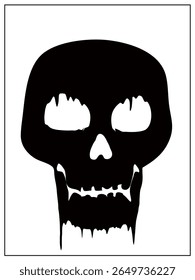 a stylized, stark black silhouette of a human skull with jagged teeth and eye sockets, presented against a plain white background and framed by a thin black border.