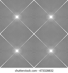 Stylized stars shine picture. Seamless pattern with symmetric geometric ornament. Black lines on white background. Op art style wallpaper. Vector abstract illustration