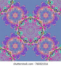 Stylized stars, snowflakes and grids. Ethnic Indian folklore. Vector abstract seamless patchwork background with pink and violet ornaments, geometric Moroccan seamless pattern.