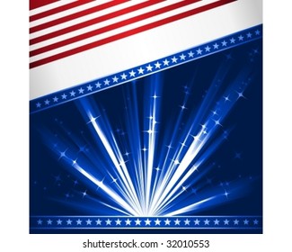 Stylized Stars and Stripes. Patriotic, 4th July celebration background. Use of 6 global linear gradients, 10 global colors. Artwork grouped and layered.