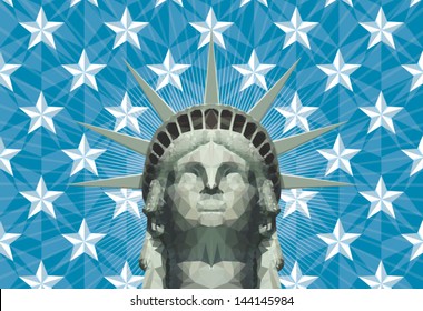 Stylized statue of liberty head, made of manually placed, triangular shapes in many color shades with a separate geometric background of stars from the american flag and transparent rays behind