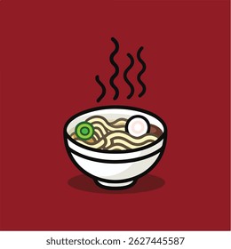 Stylized Steaming Ramen Bowl Illustration on Red Background 