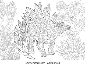 Stylized stegosaurus dinosaur of the Jurassic and early Cretaceous periods. Freehand sketch for adult antistress coloring book page with doodle and zentangle elements.