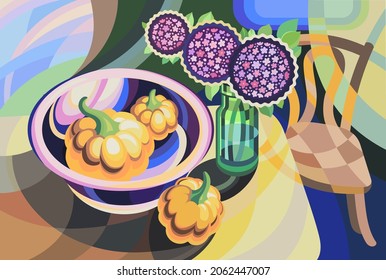 Stylized still life with pumpkins.