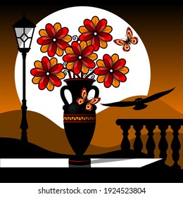 Stylized still life with red flowers against the background of a dawn landscape. Vector illustration.