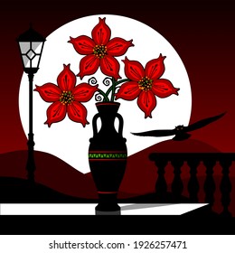 Stylized still life with red flowers against the background of a sunset landscape. Vector illustration.
