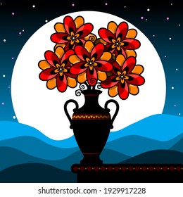 Stylized still life with red flowers. Bouquet in a vase against the background of the night sky. Vector illustration.