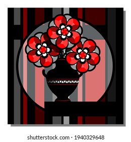Stylized still life with red flowers in a vase. Abstract wall art, poster design. Vector illustration.