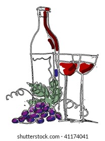 Stylized still-life. A bottle of wine, two glasses and a bunch of grapes