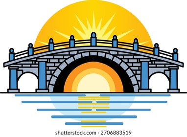 Puente de piedra estilizado con arcos sobre el agua contra un Vector brillante