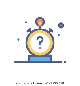 A stylized stopwatch icon with a question mark inside. Flat design against a White Background. Blue and yellow colors.