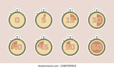 Stylized stopwatch timer illustration. Sseries of stylized stopwatches, each displaying different time intervals ranging from 0 to 60 seconds.