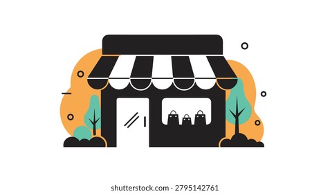 Stylized storefront icon with striped awning and shopping bags in the window, representing retail business, boutique shops, and commerce.