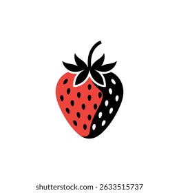 Stylized strawberry clipart showing a red fruit covered in black seeds, leaves and stem with transparent background.