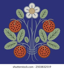 Stylized strawberry plant. Bouquet with green leaves, white flower and ripe red berries on blue background. Vintage floral motif.