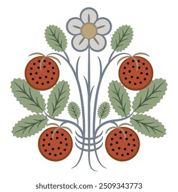 Stylized strawberry plant. Bouquet with green leaves, white flower and ripe red berries. Vintage floral motif.