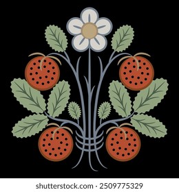 Stylized strawberry plant. Bouquet with green leaves, white flower and ripe red berries on black background. Vintage floral motif.