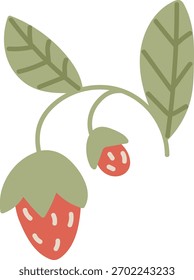 Una planta estilizada de fresa con dos bayas y dos hojas en un diseño plano. La ilustración representa un tema botánico simple con un mínimo detalle. Ilustración vectorial de dibujos animados.