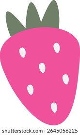 A stylized strawberry with simple leaves and seeds in a flat art style. The berry features a smooth shape and minimalistic elements. Cartoon vector illustration.
